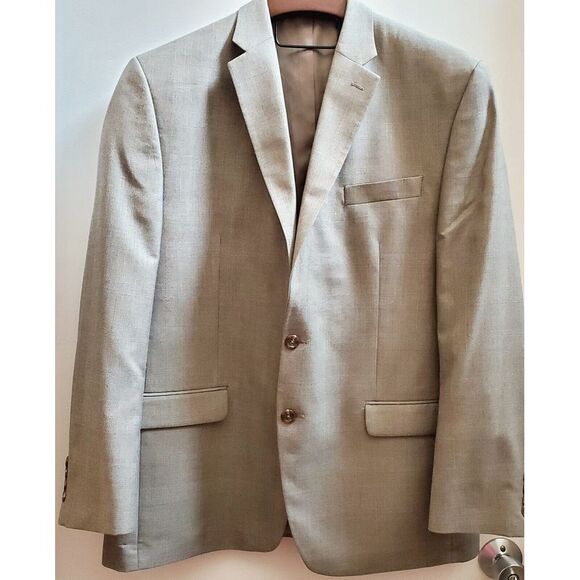 CHAPS Blazer Sport Coat 46R Classic Plaid Taupe & Black Blend Poly/Rayon Lined - Picture 1 of 16